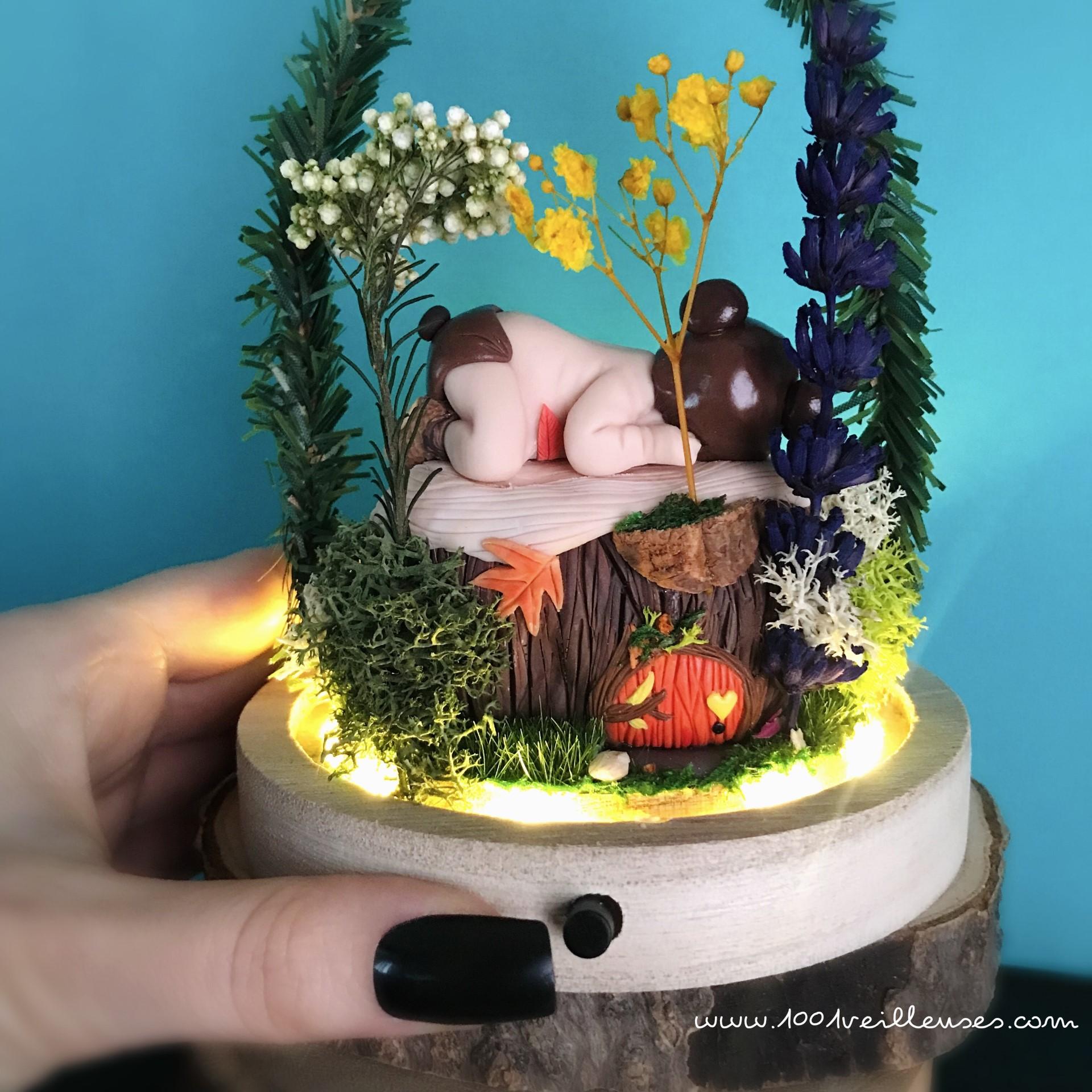 superbe veilleuse luxe pour enfant - lampe artisanale avec jardin miniature sous verre