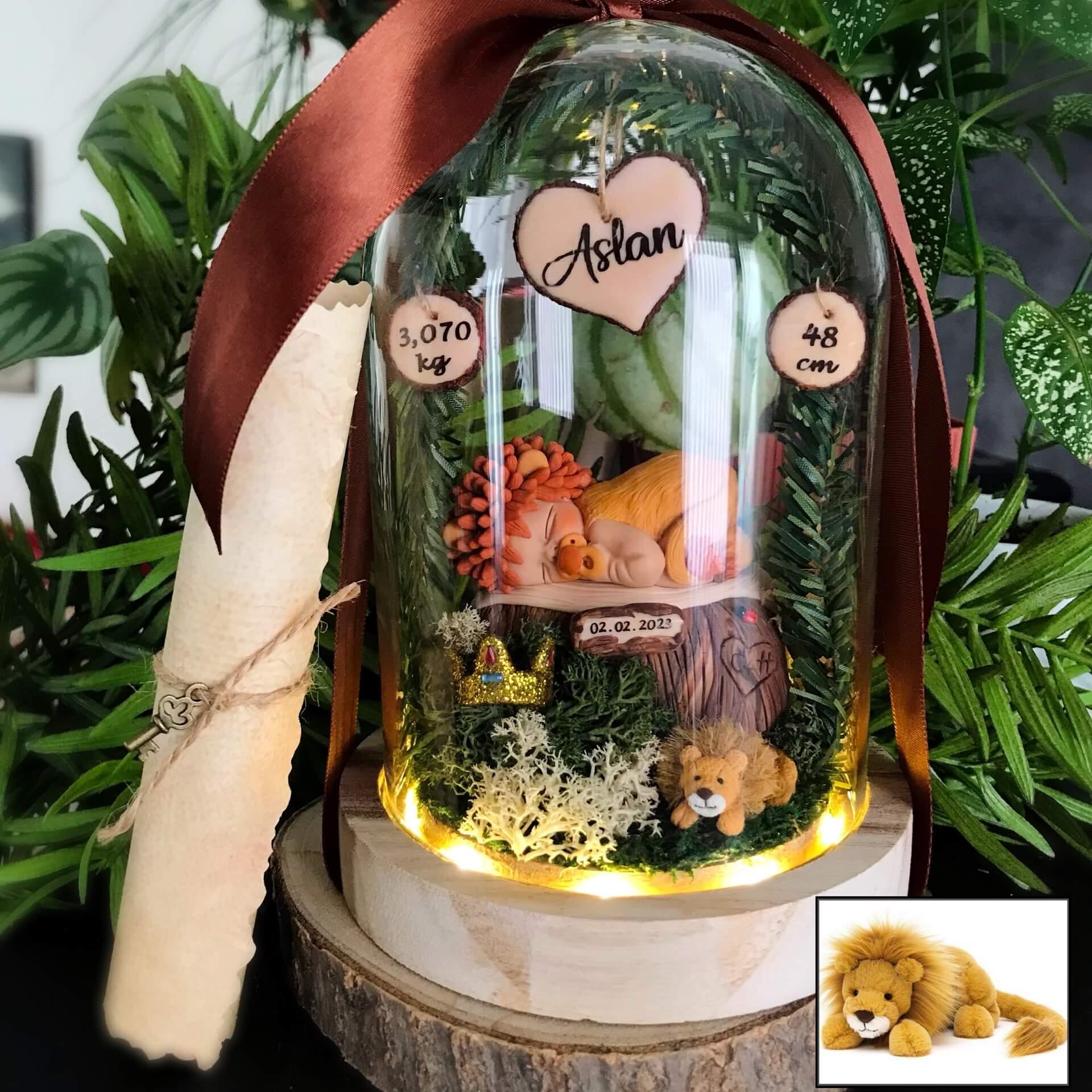 Regalo ideal para un recién nacido - Lámpara nocturna en forma de campana de vidrio iluminada - Tema león - Con el nombre del bebé