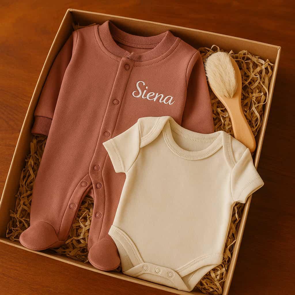 Coffret de naissance personnalisé prénom Siena avec pyjama, body et brosse à cheveux en bois