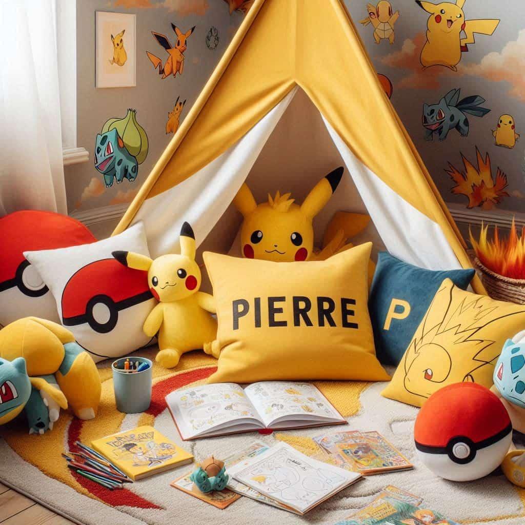 Coin jeux pour enfant theme pikatchu personnalise avec le prenom pierren tipi pour enfant coussins pokemon