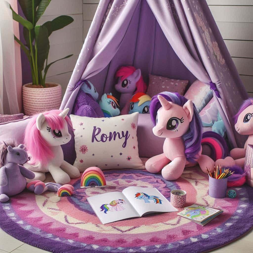 Coin lecture et detente pour enfant deco de chambre theme little pony personnalise avec le prenom romy