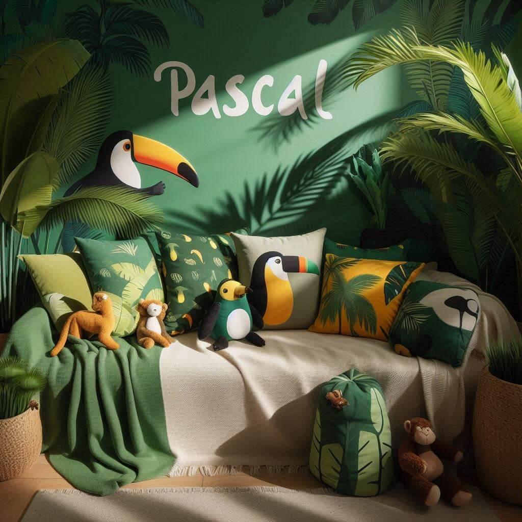 Coin lecture inspire de la jungle tropicale avec des tons de verts de jaunes et d oranges des coussins en forme de toucans et de singes et le prenom pascal inscrit sur une couvertu
