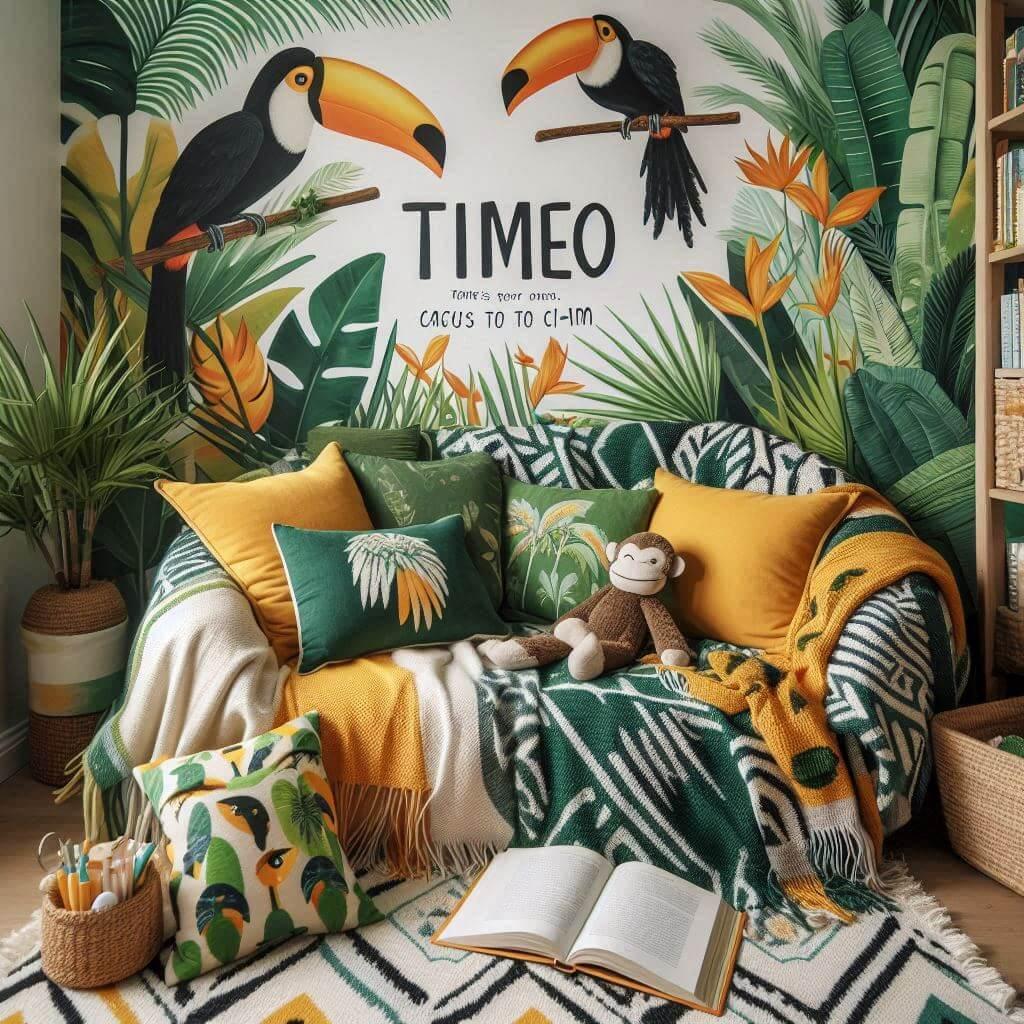 Coin lecture inspire de la jungle tropicale avec des tons de verts de jaunes et d oranges des coussins en forme de toucans et de singes et le prenom timeo inscrit sur une couvertur