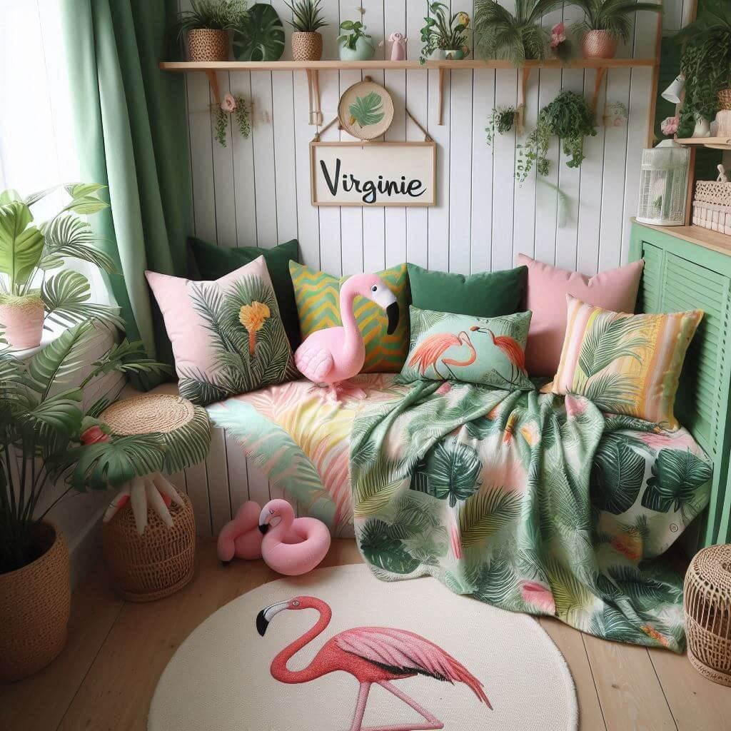 Coin lecture inspire de la jungle tropicale avec des tons de verts de jaunes et de rose des coussins en forme de flamant rose et de perroquet et le prenom virginie inscrit sur une