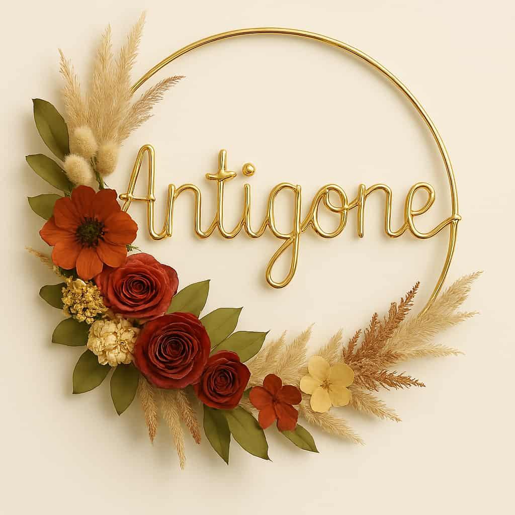 Couronne de fleurs personnalisée avec le prénom Antigone, idéale pour décoration ou photos