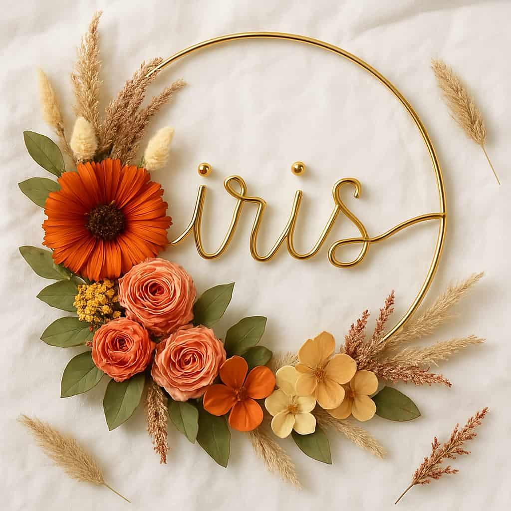 Couronne de fleurs séchées avec le prénom Iris en fil de fer décoration pour chambre fille