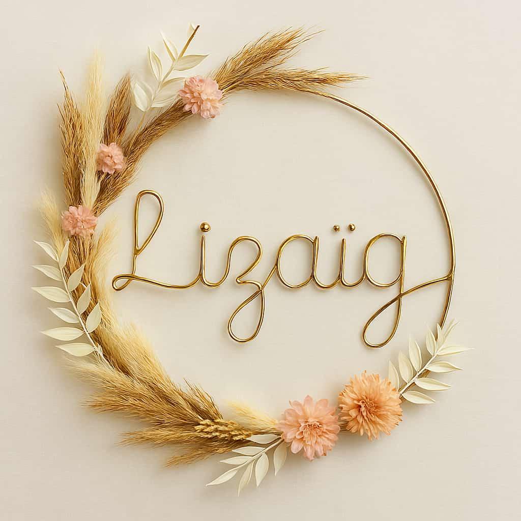 Couronne de fleurs séchées personnalisée avec le prénom Lizaïg en fil de fer