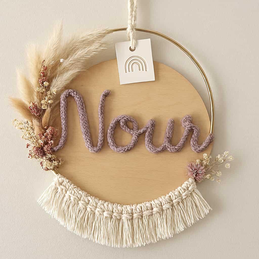 Couronne de fleurs séchées personnalisée avec le prénom Nour réalisée en tricotin