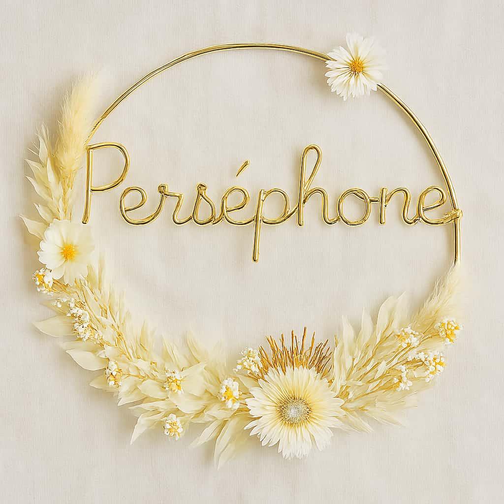 Couronne florale murale personnalisee avec le prenom persephone
