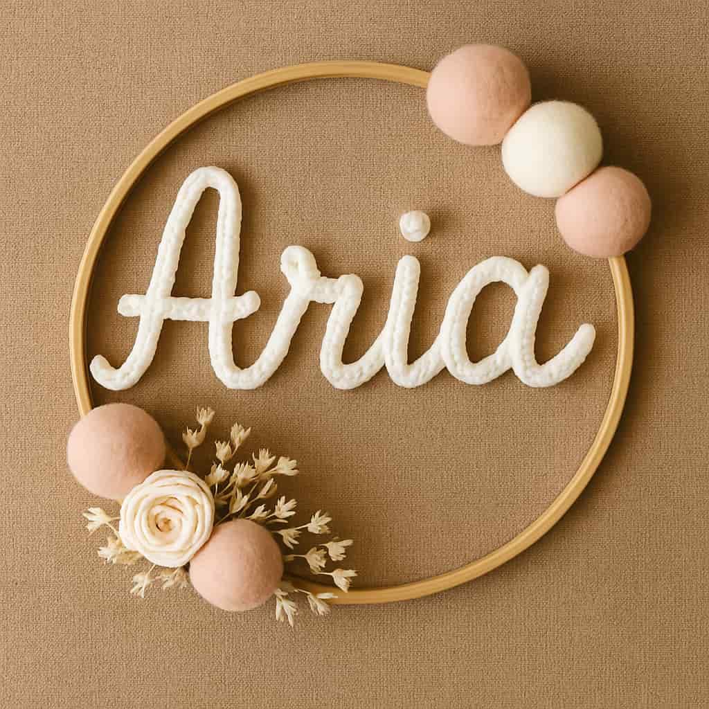 Couronne avec prénom Aria décorée avec fleurs séchées