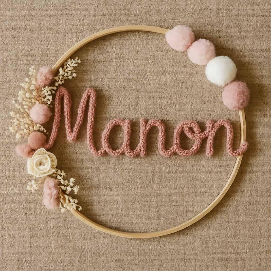 Couronne de fleurs avec prénom personnalisé Manon fleurs séchées couleurs roses