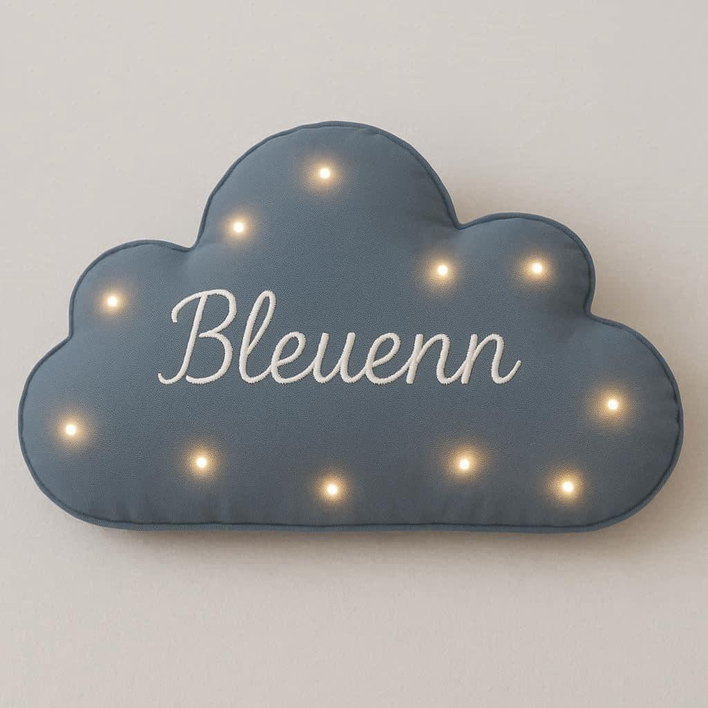 Coussin en forme de nuage LED avec le prénom Bleuenn couleur bleu gris