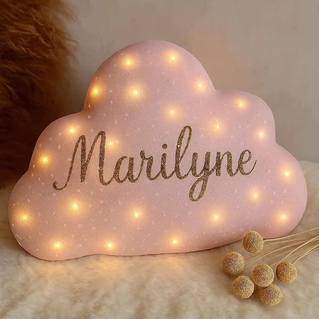 Coussin led en forme de nuage prénom Marilyne couleur rose doux