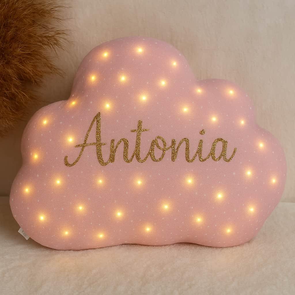 Coussin lumineux personnalisé avec le prénom Antonia couleur vieux rose