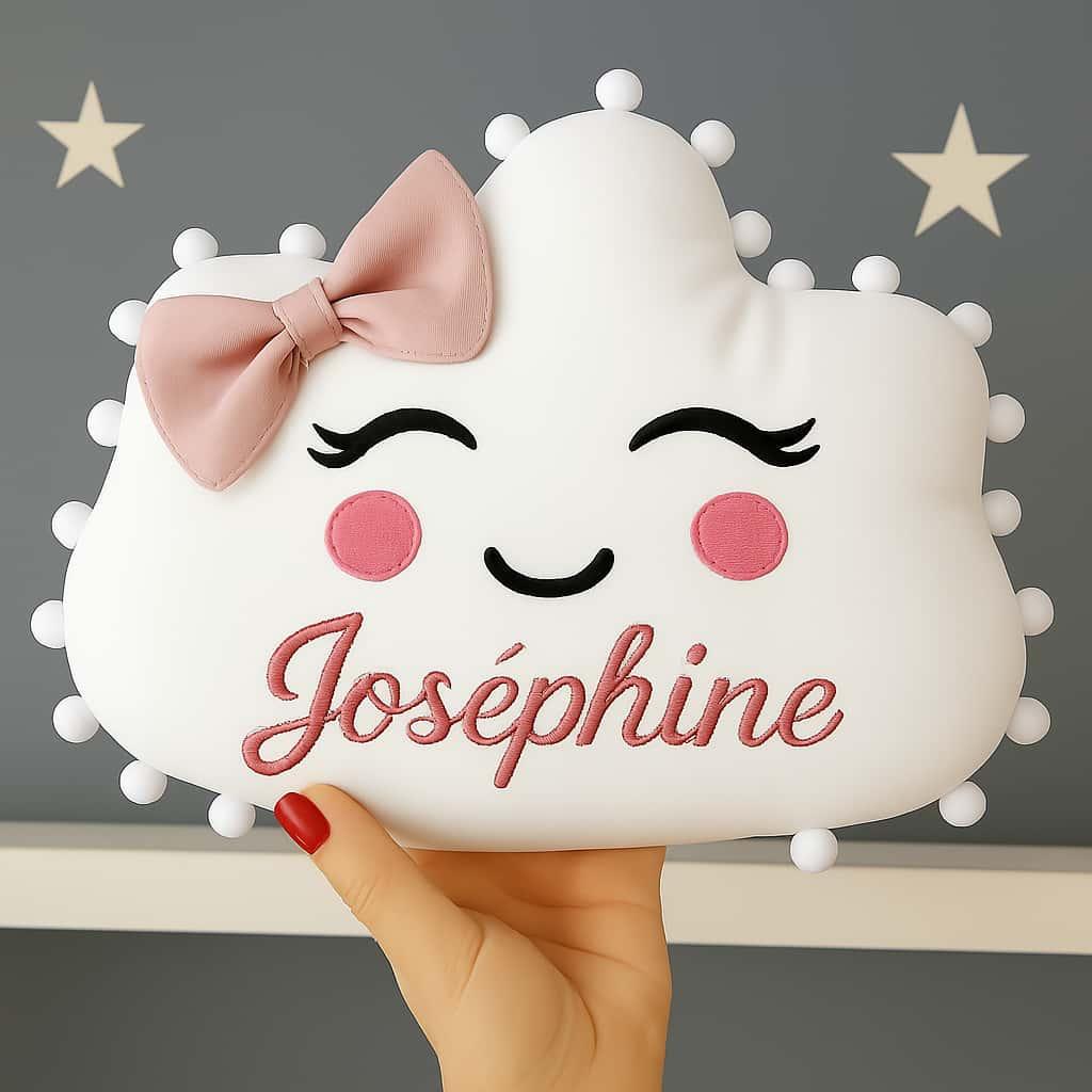 Coussin nuage avec des yeux et des joues rose personnalisé avec le prénom Joséphine