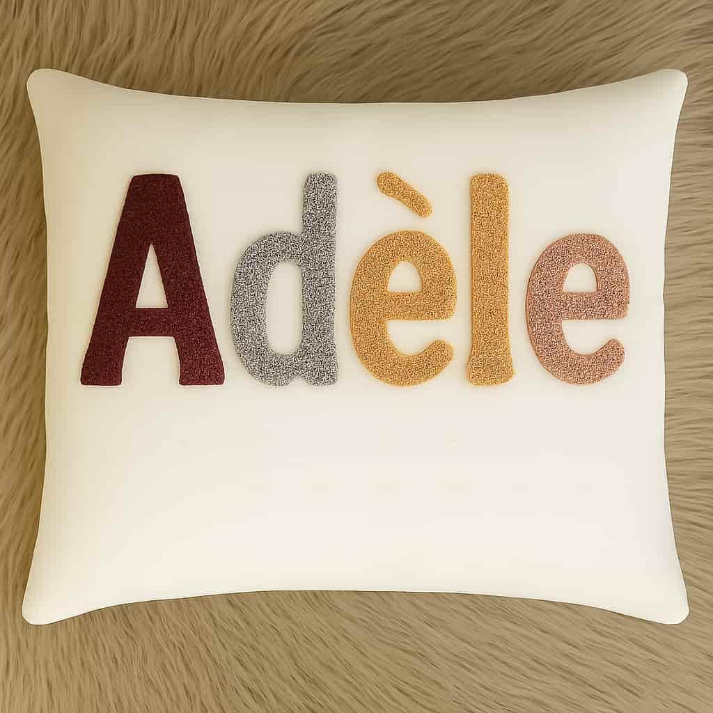 Coussin personnalisé avec le prénom Adèle lettres brodées en relief
