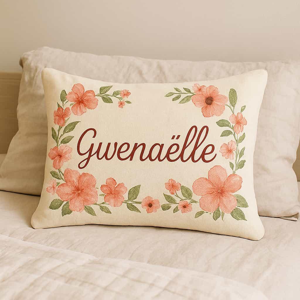 Coussin personnalisé avec le prénom Gwenaëlle, thème fleurs