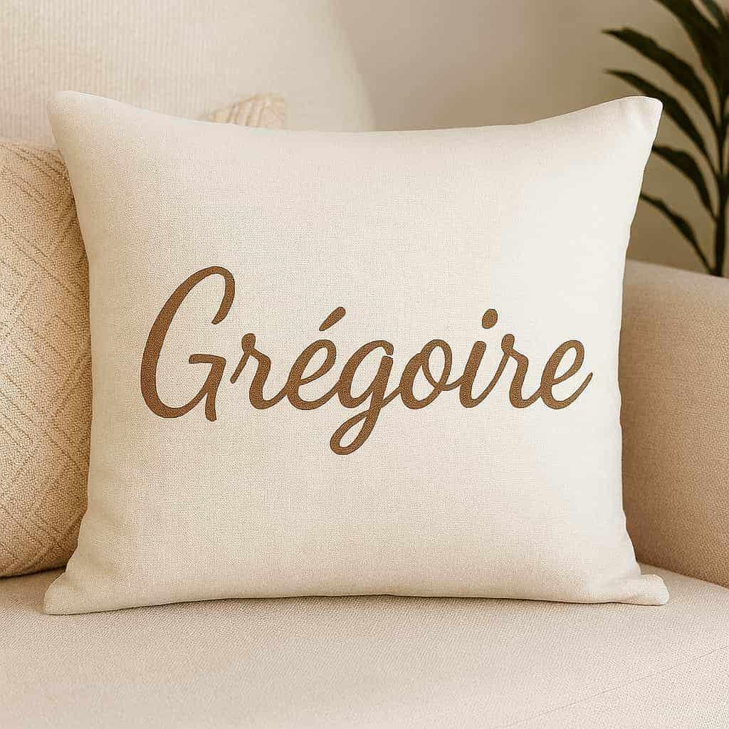 Coussin personnalisé prénom Grégoire blanc cassé brodé marron