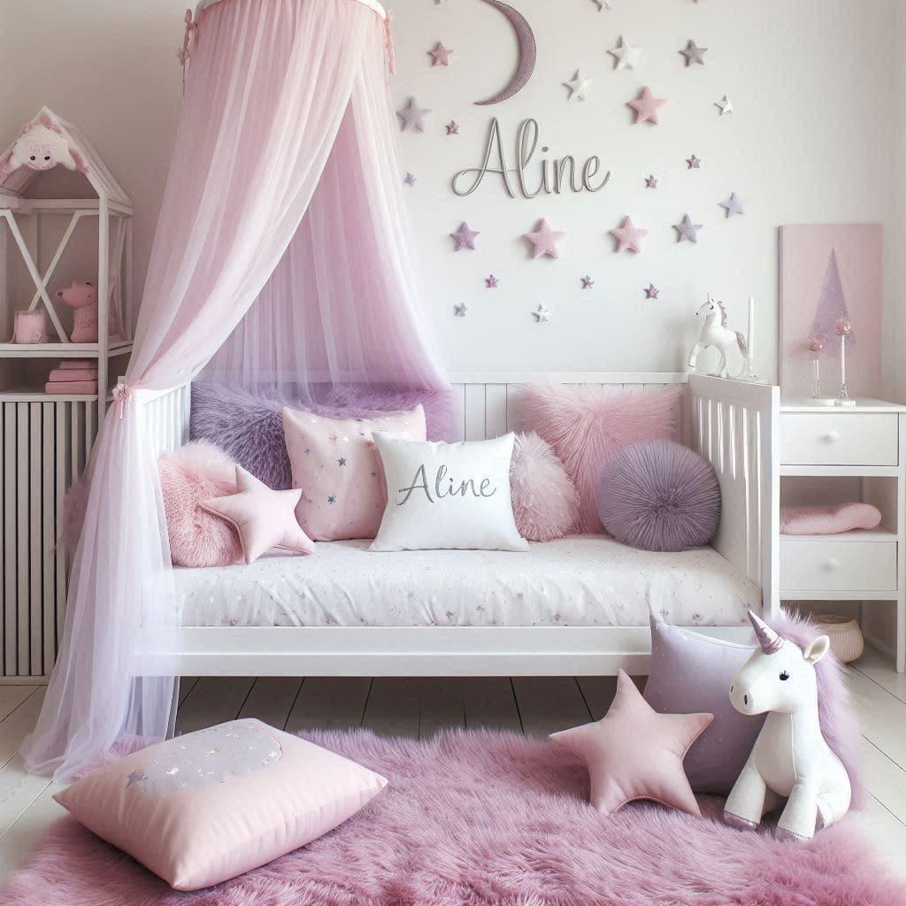 Coussins etoiles et lune en rose pastel bleu ciel et lavande theme princesse prenom aline