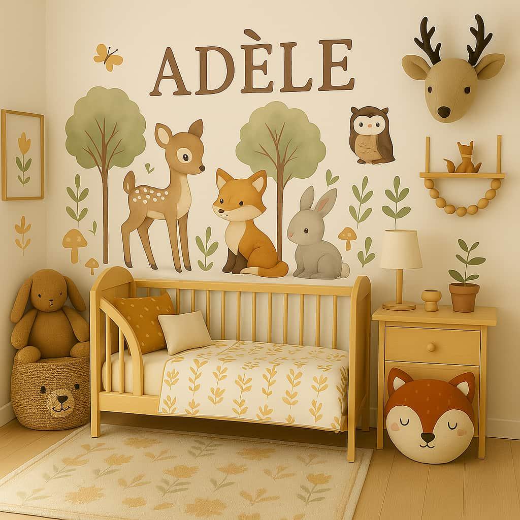 une chambre de petite fille sur le theme animaux de la foret avex tous les acesssoires que tu veux personnalise avec le prenom adele