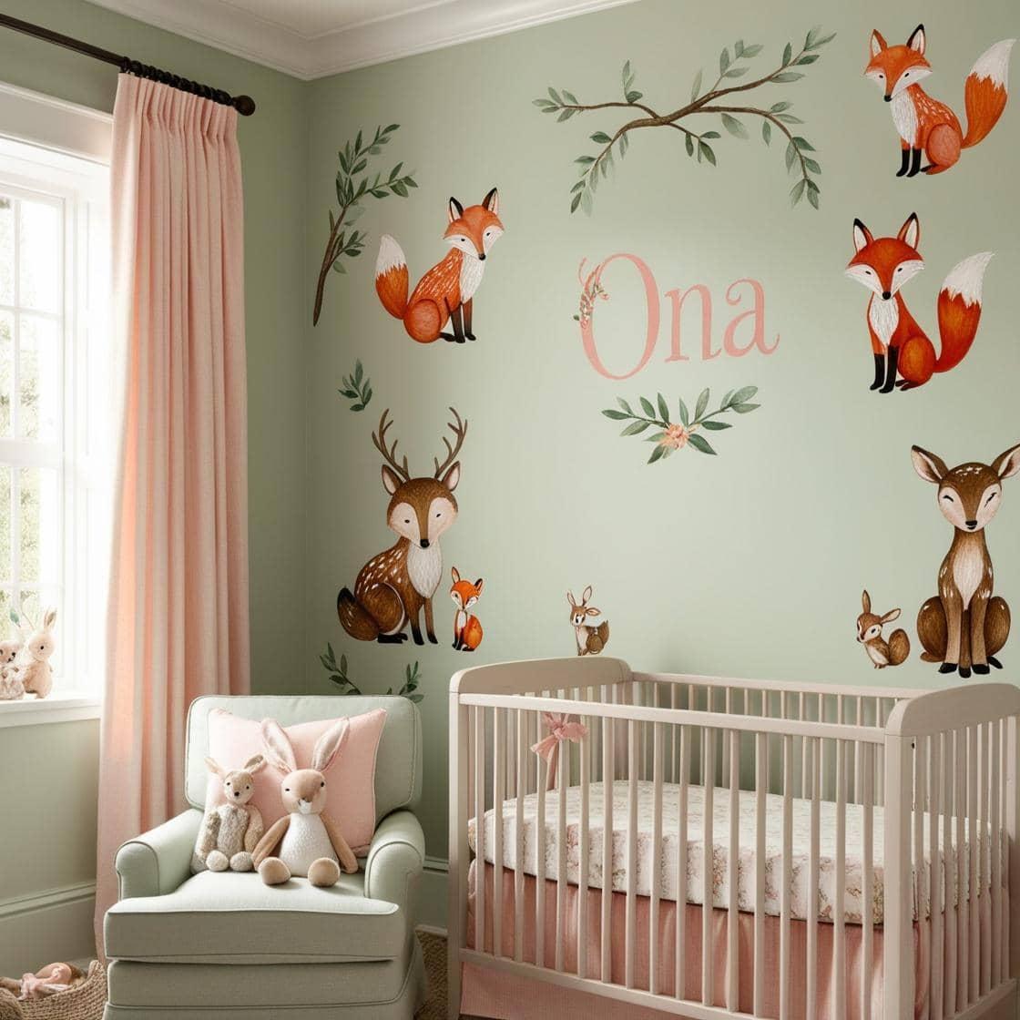 Cree une chambre bebe theme animaux de la foret personnalise avec le prenom ona