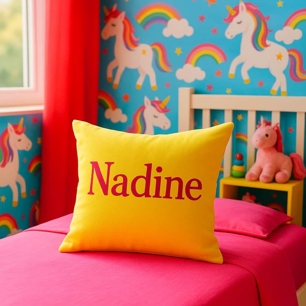 un coussin personnalise avec le prenom nadine dans une chambre d enfant theme licorne