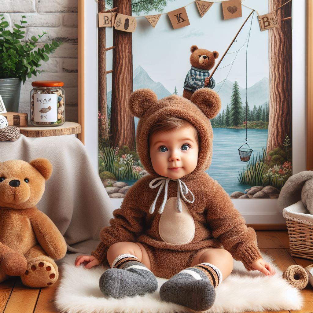 Petit bébé habillé en ours dans sa chambre décorée sur le thème de la forêt