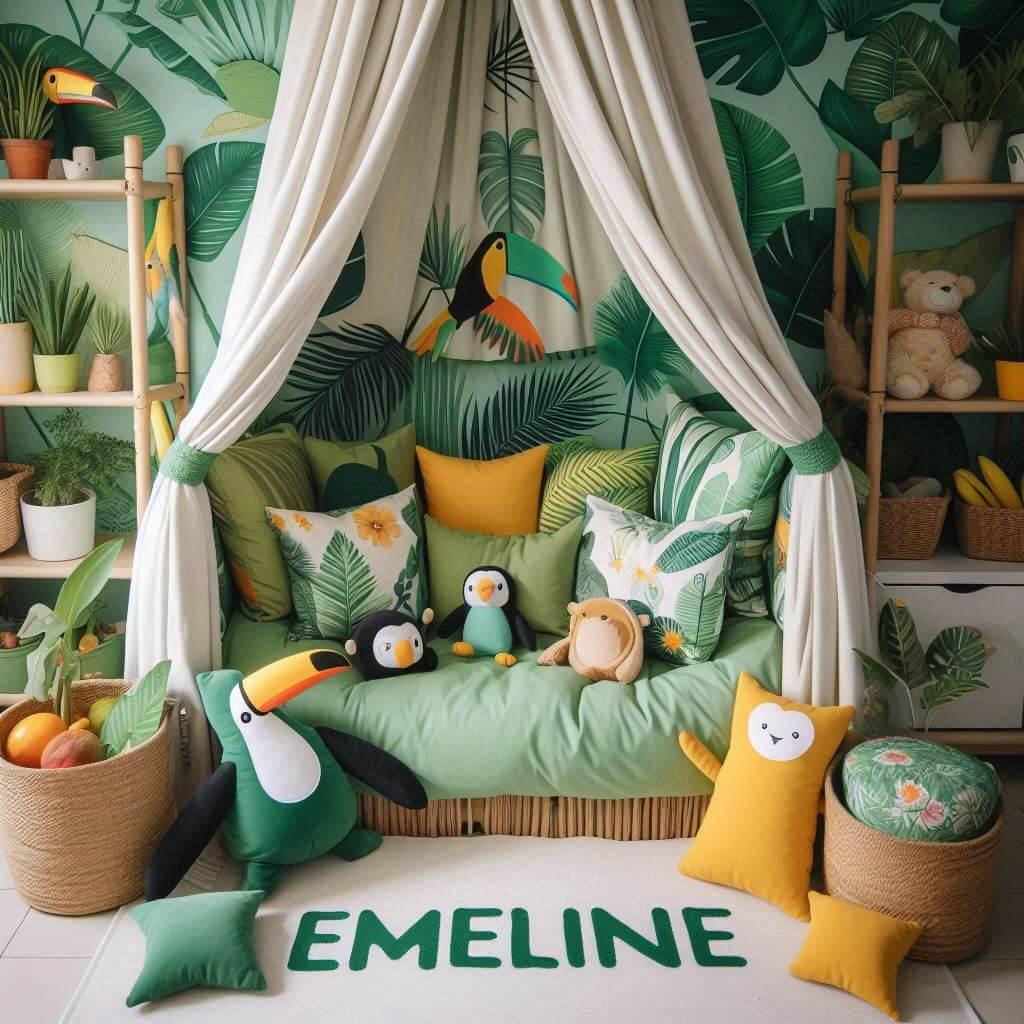 Deco coin lecture inspire de la jungle tropicale prenom emeline