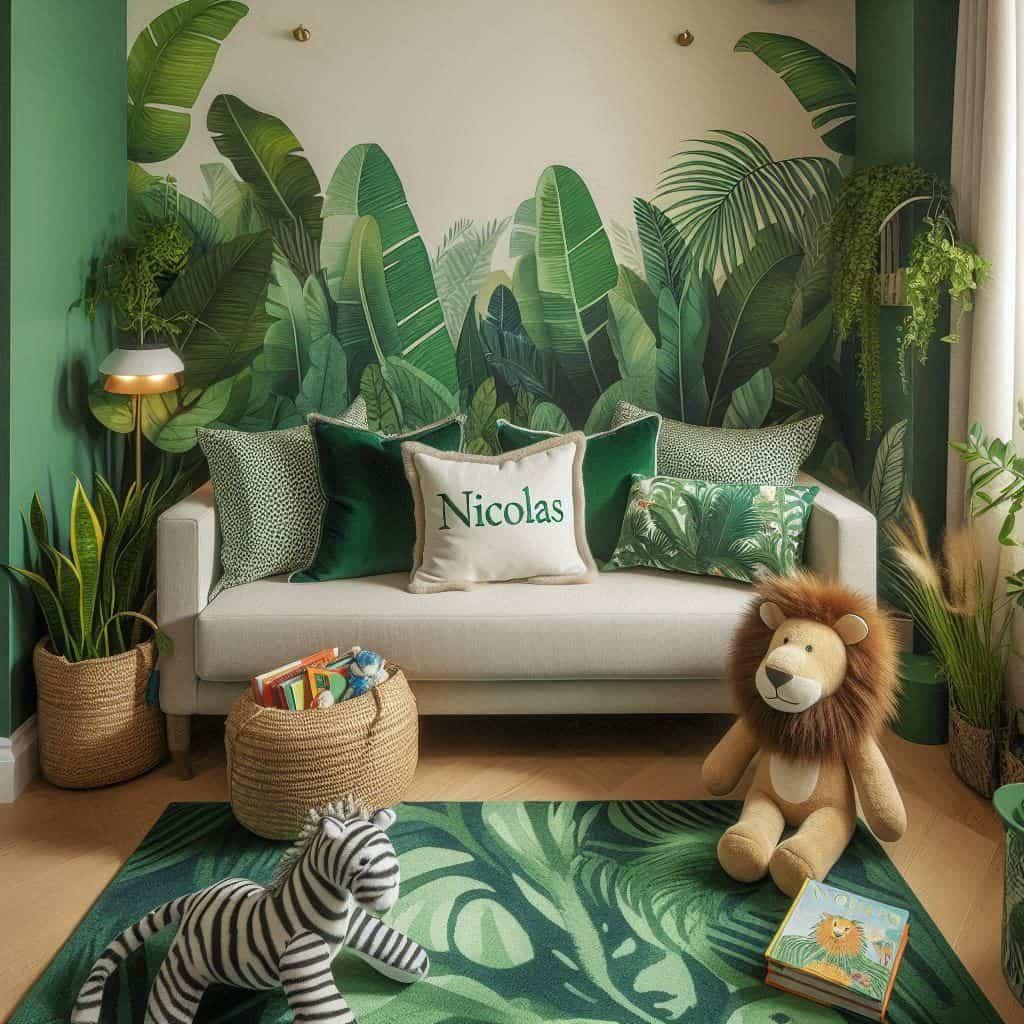 Deco de chambre enfant coin lecture theme jungle prenom nicolas