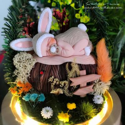 Magnifique veilleuse artisanale allumée sous forme de dôme en verre avec un jardin miniature sur le thème du lapin, présentée à côté d'une main