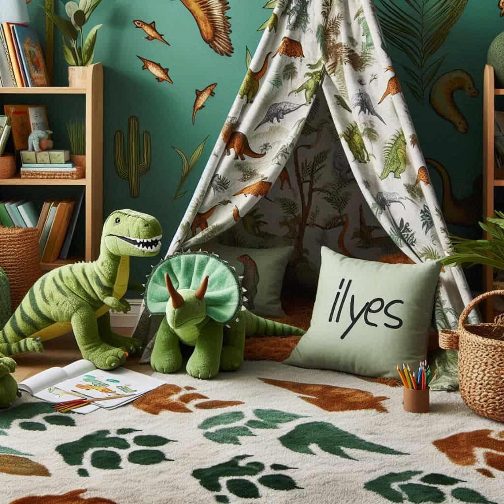 Decoration chambre coin lecture pour enfant theme dinosaure prenom ilyes