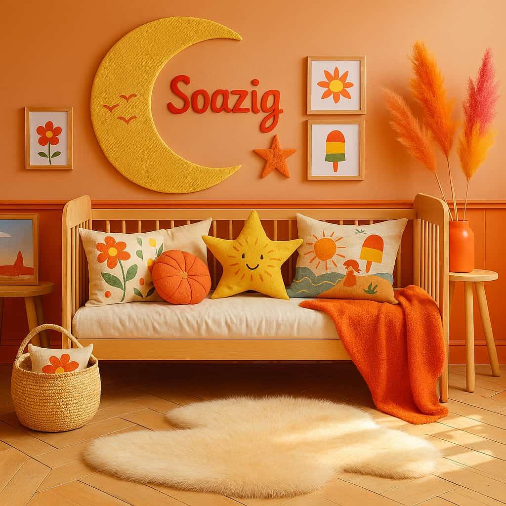 Decoration de chambre coloree et ludique pour enfant theme estival personnalise avec le prenom soazig