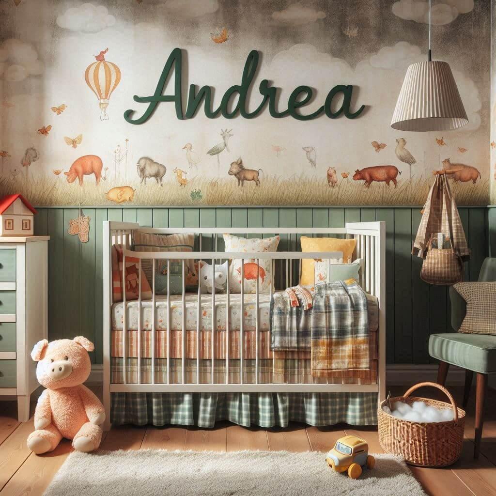 Decoration de chambre de petit garcon avec le prenom andrea ecrit sur un coussin avec un lit berceau papier peint delave theme animaux de la ferme ciel de lit couleur vert jaune ro