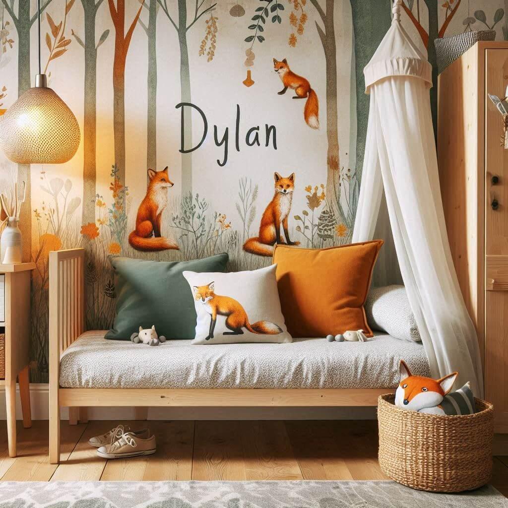 Decoration de chambre de petit garcon avec le prenom dylan ecrit sur un coussin avec un lit simple papier peint delave theme animaux de la foret poetique ciel de lit couleur orange