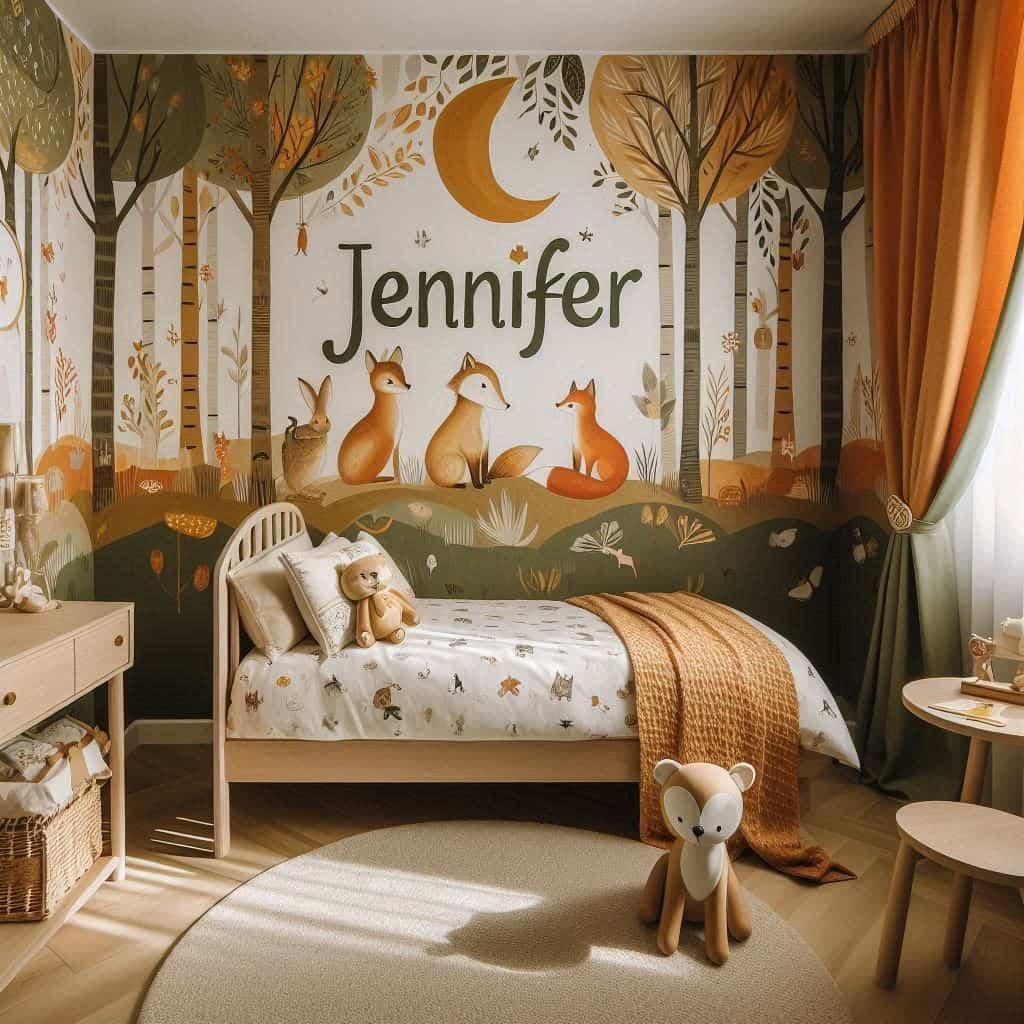Decoration de chambre de petit garcon avec le prenom jennifer ecrit sur un coussin avec un lit simple papier peint delave theme animaux de la foret poetique ciel de lit couleur ora