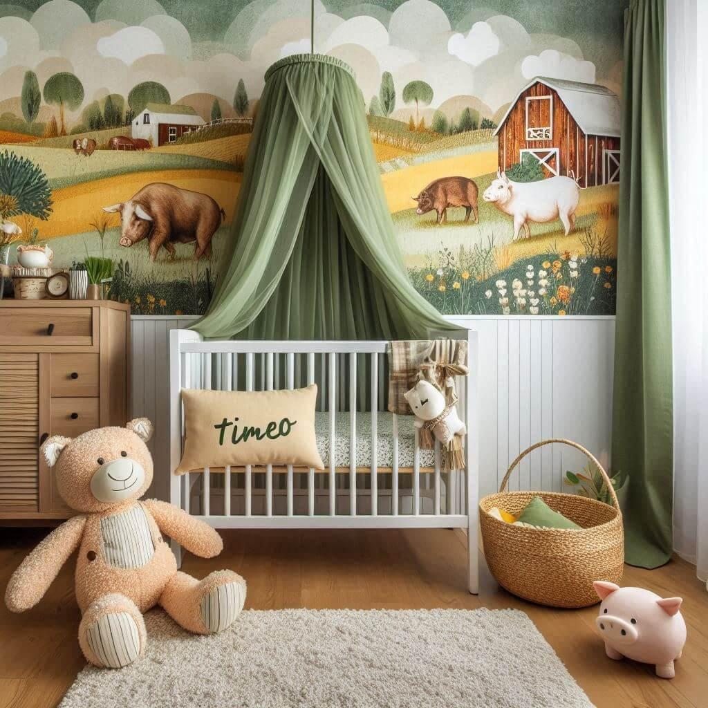 Decoration de chambre de petit garcon avec le prenom timeo ecrit sur un coussin avec un lit berceau papier peint delave theme animaux de la ferme ciel de lit couleur vert jaune rou