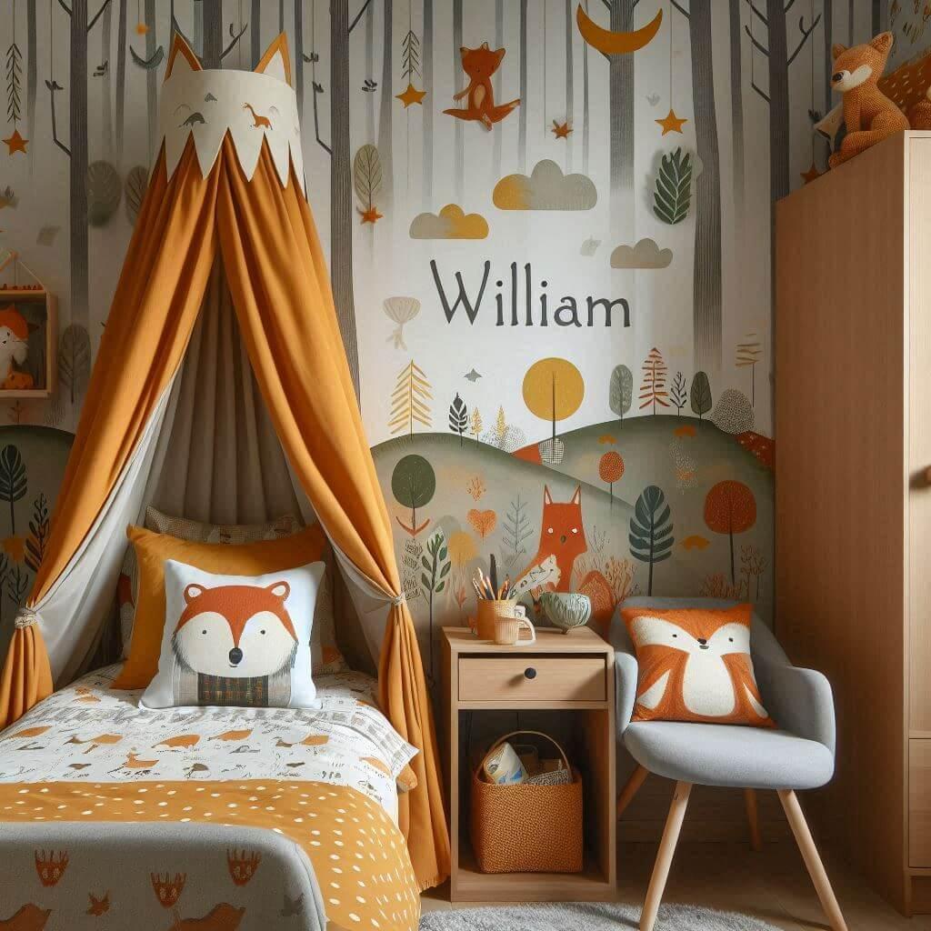 Decoration de chambre de petit garcon avec le prenom william ecrit sur un coussin avec un lit simple papier peint delave theme animaux de la foret poetique ciel de lit couleur oran