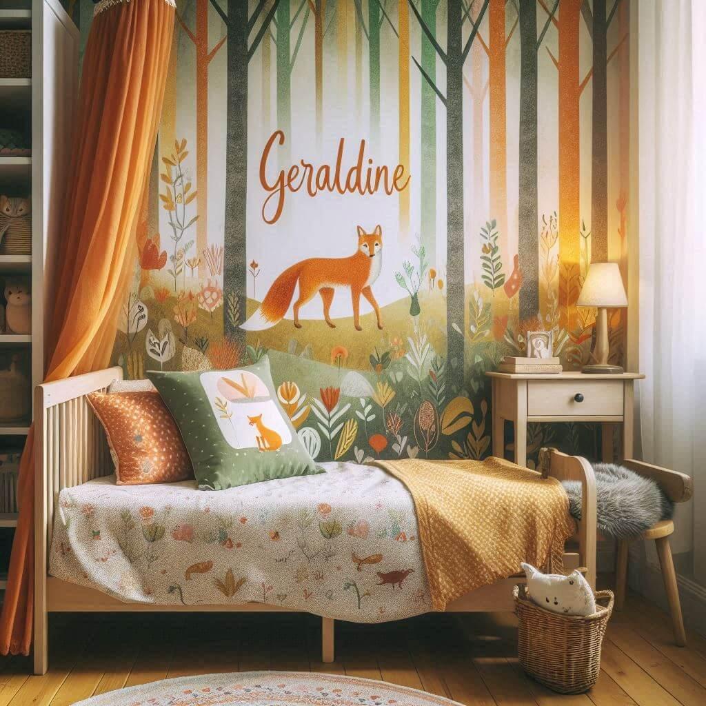 Decoration de chambre de petite fille avec le prenom geraldine ecrit sur un coussin avec un lit simple papier peint delave theme animaux de la foret poetique ciel de lit couleur or