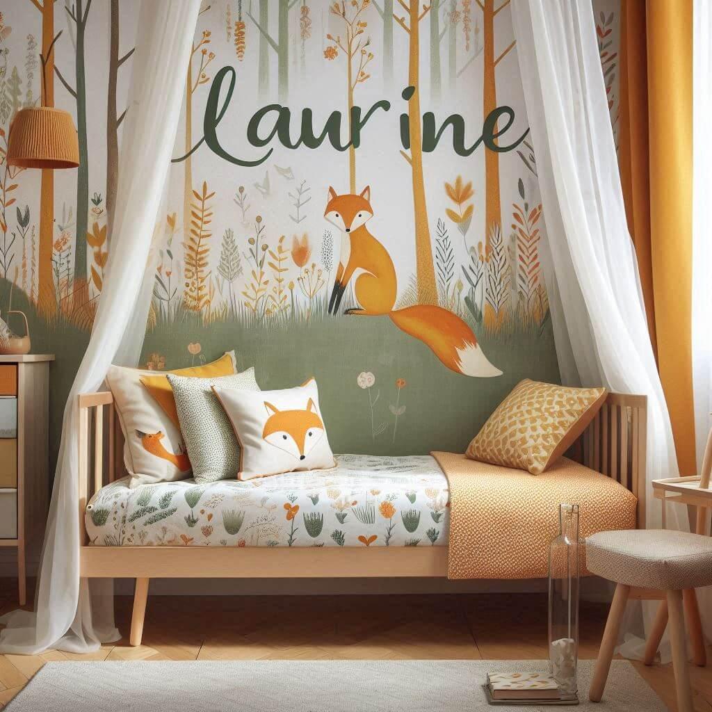 Decoration de chambre de petite fille avec le prenom laurine ecrit sur un coussin avec un lit simple papier peint delave theme animaux de la foret poetique ciel de lit couleur oran