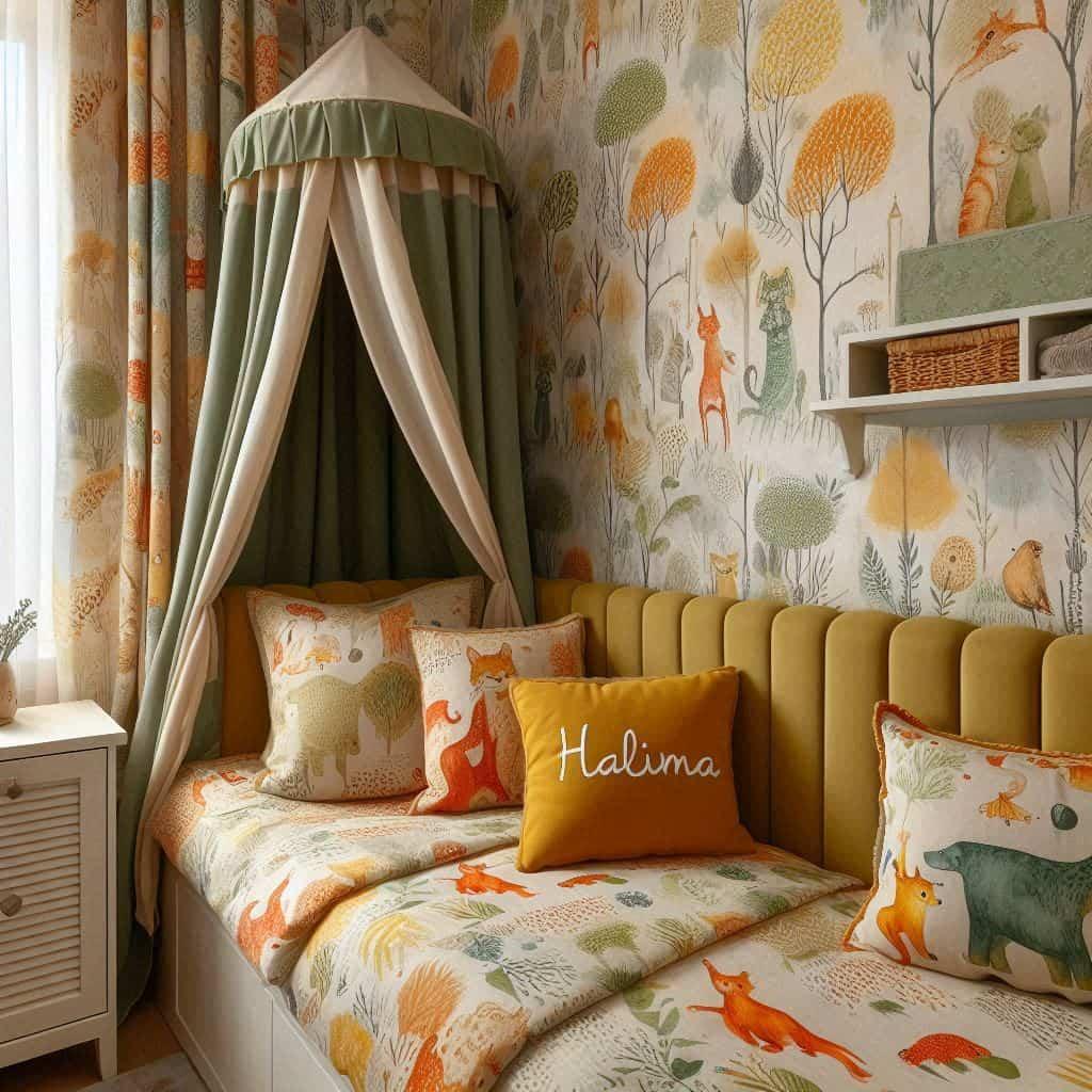 Decoration de chambre de petite fille avec le prenom maya ecrit sur un coussin avec un lit simple papier peint delave theme animaux de la foret poetique prenom halima