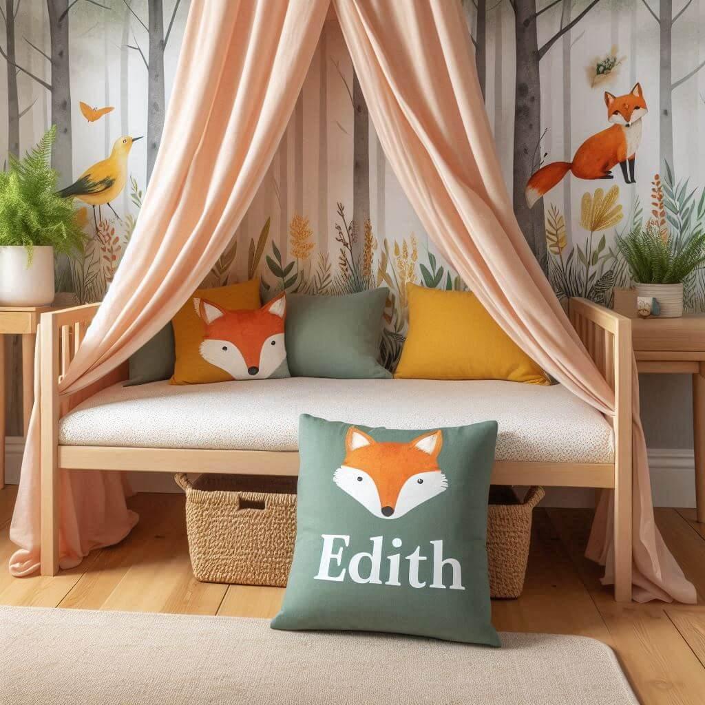 Decoration de chambre de petite fille sur le theme renard avec le prenom edith ecrit sur un coussin avec un lit simple papier peint delave theme animaux de la foret poetique ciel d