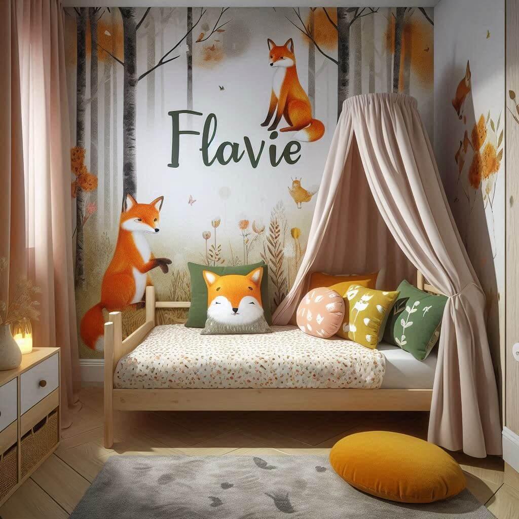Decoration de chambre de petite fille sur le theme renard avec le prenom flavie ecrit sur un coussin avec un lit simple papier peint delave theme animaux de la foret poetique ciel