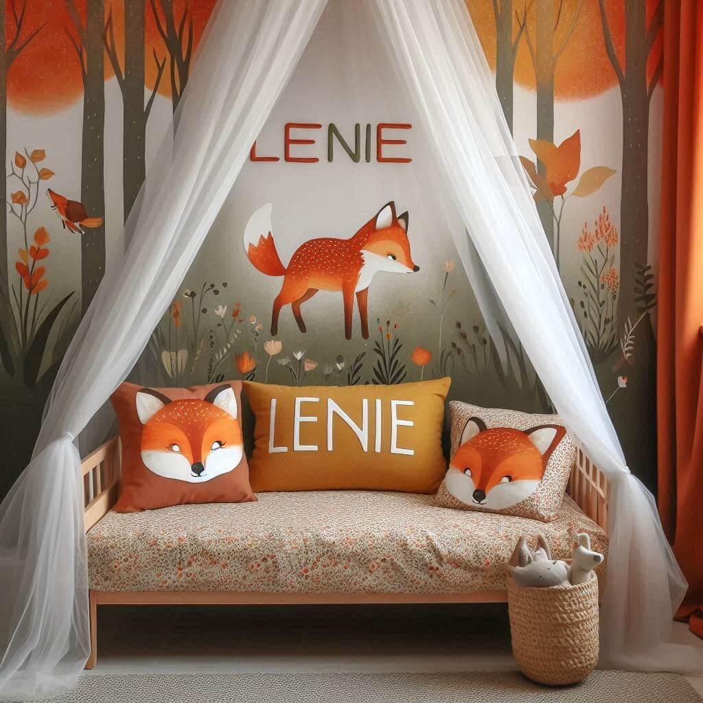 Decoration de chambre de petite fille sur le theme renard avec le prenom lenie ecrit sur un coussin avec un lit simple papier peint delave theme animaux de la foret poetique ciel d