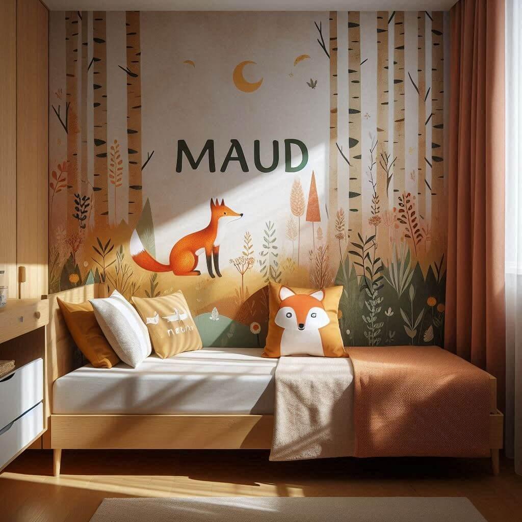 Decoration de chambre de petite fille sur le theme renard avec le prenom maud ecrit sur un coussin avec un lit simple papier peint delave theme animaux de la foret poetique ciel de