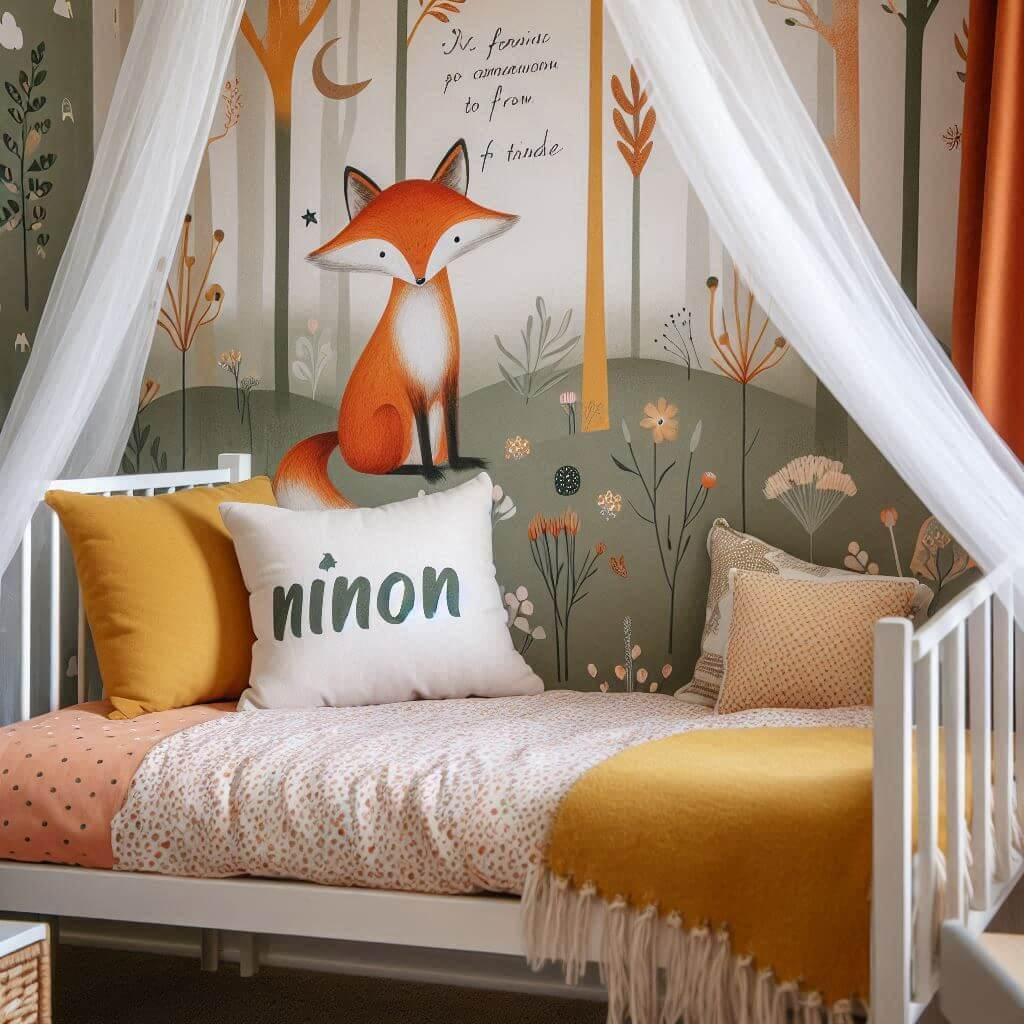 Decoration de chambre de petite fille sur le theme renard avec le prenom ninon ecrit sur un coussin avec un lit simple papier peint delave theme animaux de la foret poetique ciel d