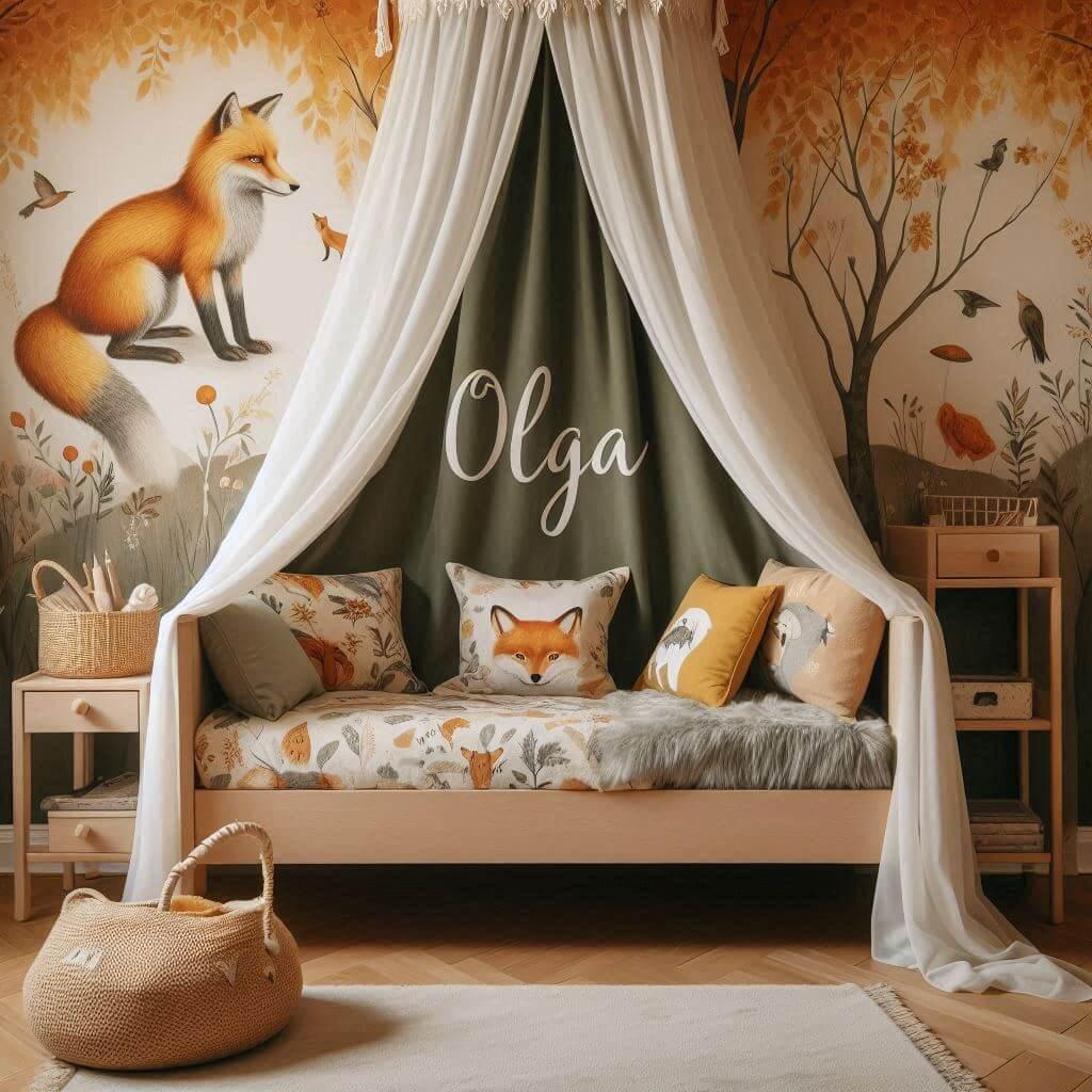 Decoration de chambre de petite fille sur le theme renard avec le prenom olga ecrit sur un coussin avec un lit simple papier peint delave theme animaux de la foret poetique ciel de