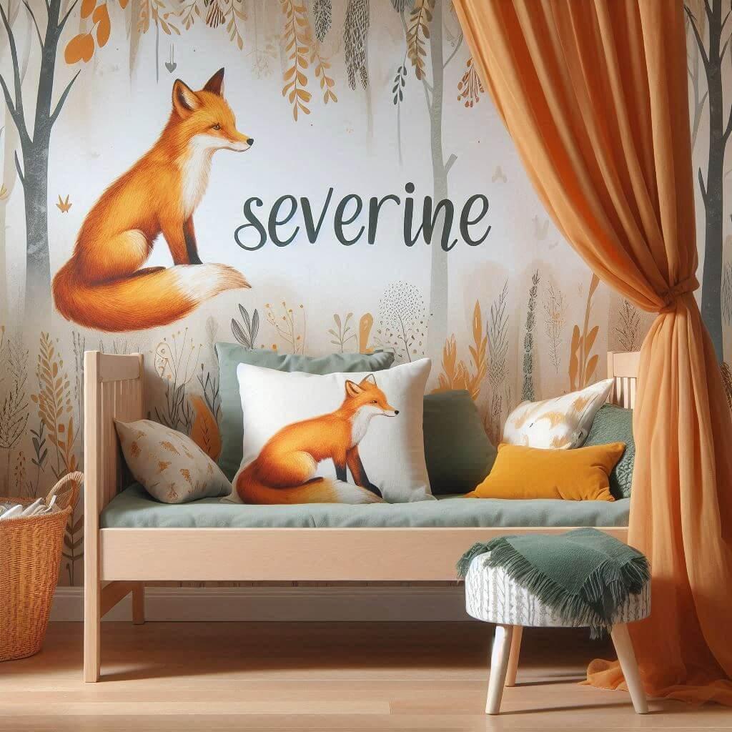 Decoration de chambre de petite fille sur le theme renard avec le prenom severine ecrit sur un coussin avec un lit simple papier peint delave theme animaux de la foret poetique cie