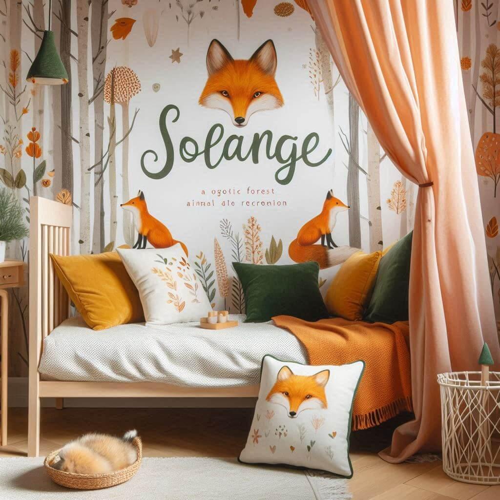 Decoration de chambre de petite fille sur le theme renard avec le prenom solange ecrit sur un coussin avec un lit simple papier peint delave theme animaux de la foret poetique ciel