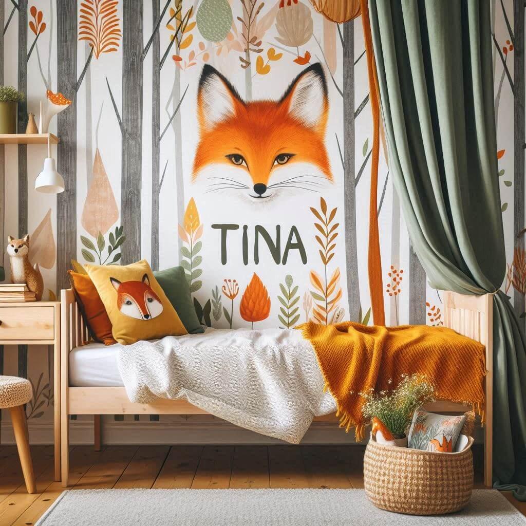 Decoration de chambre de petite fille sur le theme renard avec le prenom tina ecrit sur un coussin avec un lit simple papier peint delave theme animaux de la foret poetique ciel de