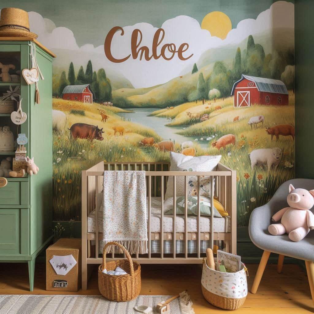 Decoration de chambre de petite garcon avec le prenom chloe ecrit en francais sur un coussin avec un lit berceau papier peint delave theme animaux de la ferme ciel de lit couleur v